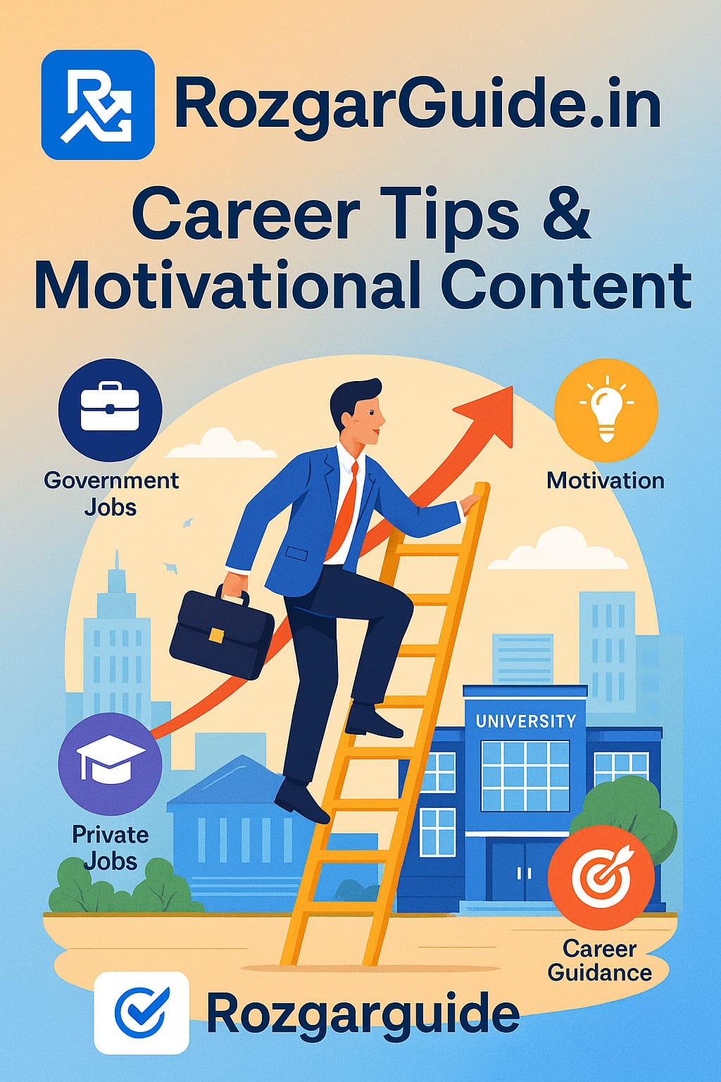 Career tips and motivational content illustration showing person climbing ladder towards success, government job, resources and private job icons.