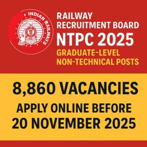 RRB NTPC 2025 poster with 8,860 vacancies and 20 Nov 2025 last date.