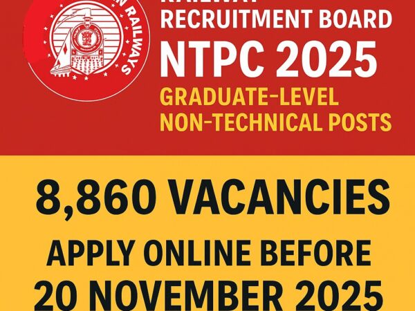 RRB NTPC 2025 poster with 8,860 vacancies and 20 Nov 2025 last date.