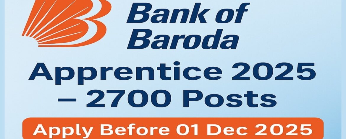 Bank of Baroda Apprentice 2025 recruitment banner showing young professionals working in an office, with text “Bank of Baroda Apprentice 2025 – 2700 Posts | Apply Before 01 Dec 2025”.