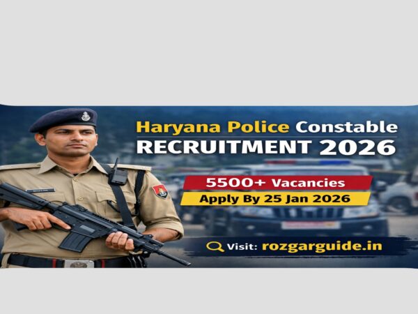 Haryana Police Constable Recruitment 2026 banner showing a Haryana Police officer holding a rifle with 5500+ vacancies and last date 25 January 2026.
