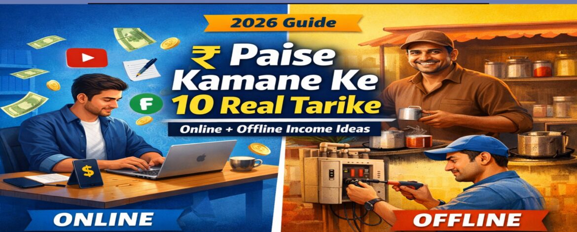 2026 Me Paise Kamane Ke 10 Real Tarike online aur offline income ideas illustration