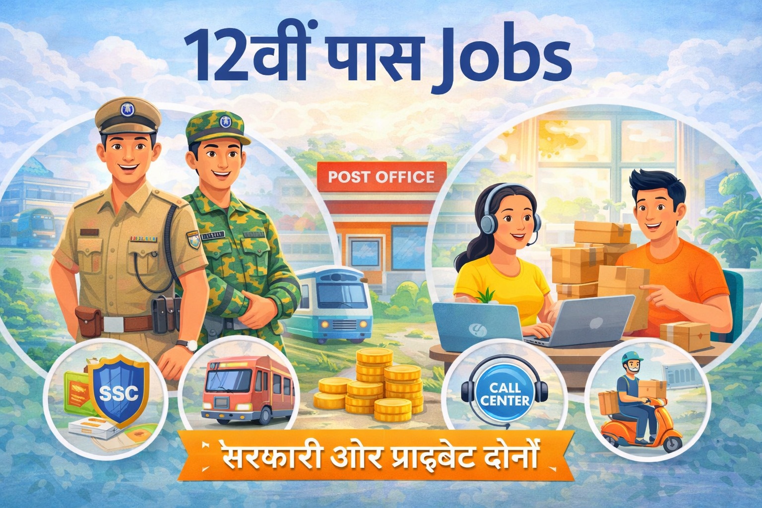 12वीं पास जॉब्स फीचर इमेज जिसमें सरकारी और प्राइवेट नौकरी विकल्प जैसे पुलिस, आर्मी, कॉल सेंटर और डिलीवरी जॉब दिखाए गए हैं