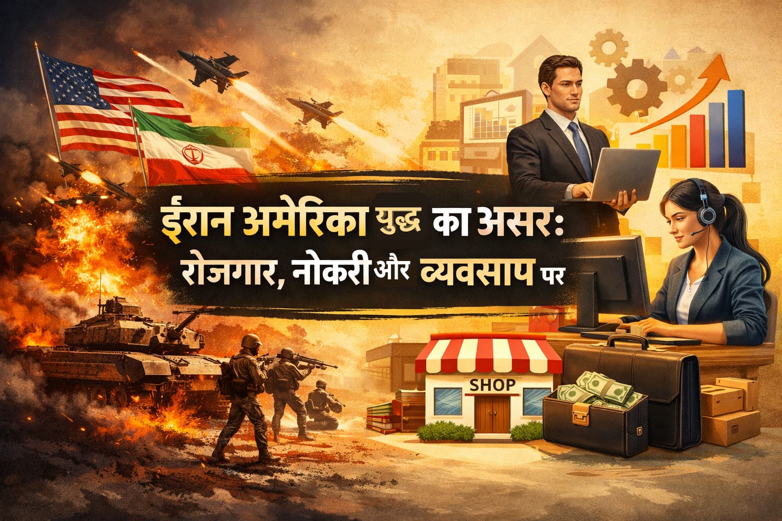 यह फीचर इमेज “Iran America Yudh Ka Asar: रोजगार, नौकरी और व्यवसाय पर” विषय को दर्शाती है। इमेज के बाईं ओर युद्ध का दृश्य, टैंक और लड़ाकू विमान दिखाए गए हैं, जबकि दाईं ओर नौकरी, लैपटॉप पर काम करते लोग, ग्राफ और छोटा व्यवसाय (शॉप) दिखाया गया है।