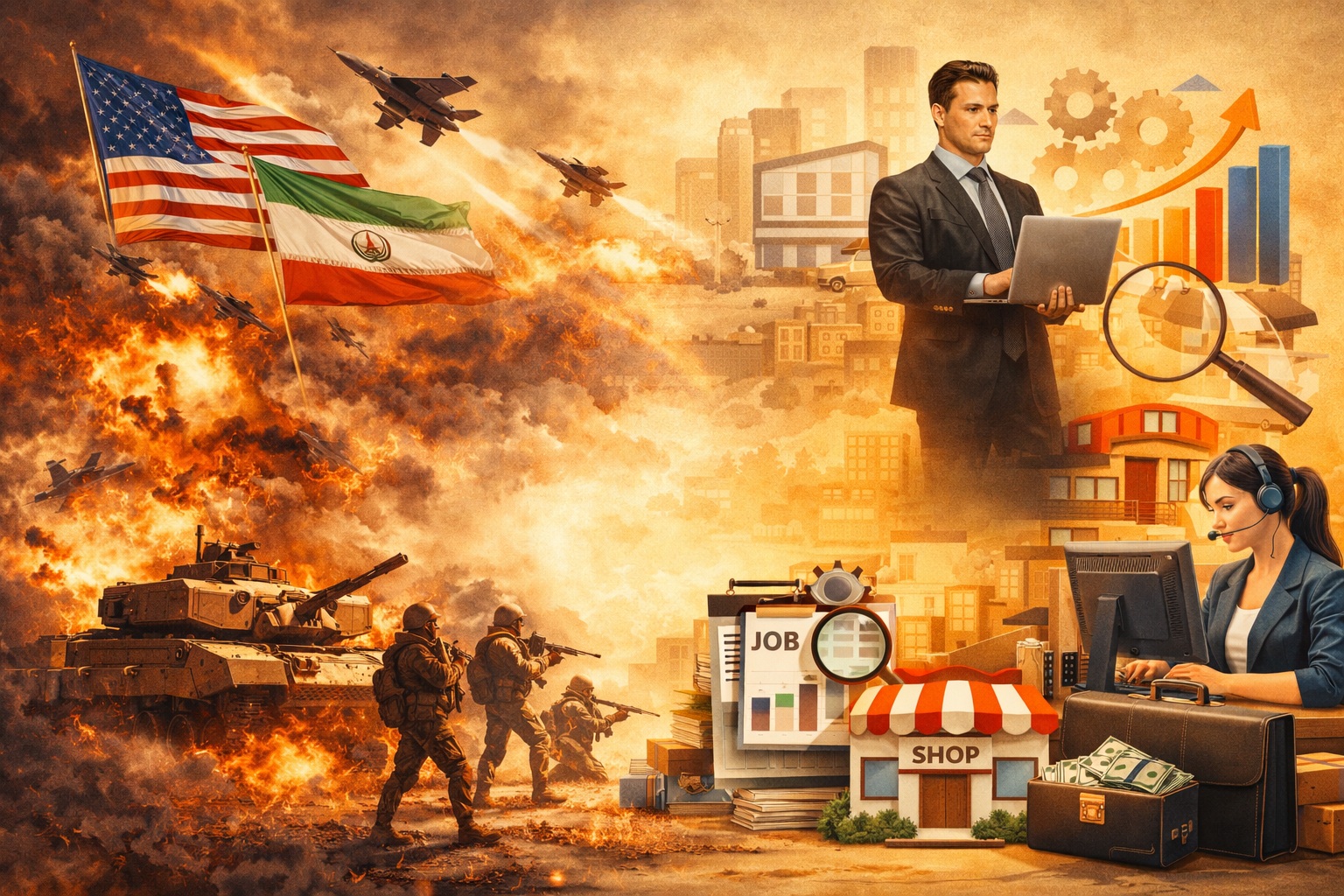 युद्ध का दृश्य और दूसरी तरफ नौकरी व व्यवसाय से जुड़ी गतिविधियों को दर्शाती आकर्षक इमेज।