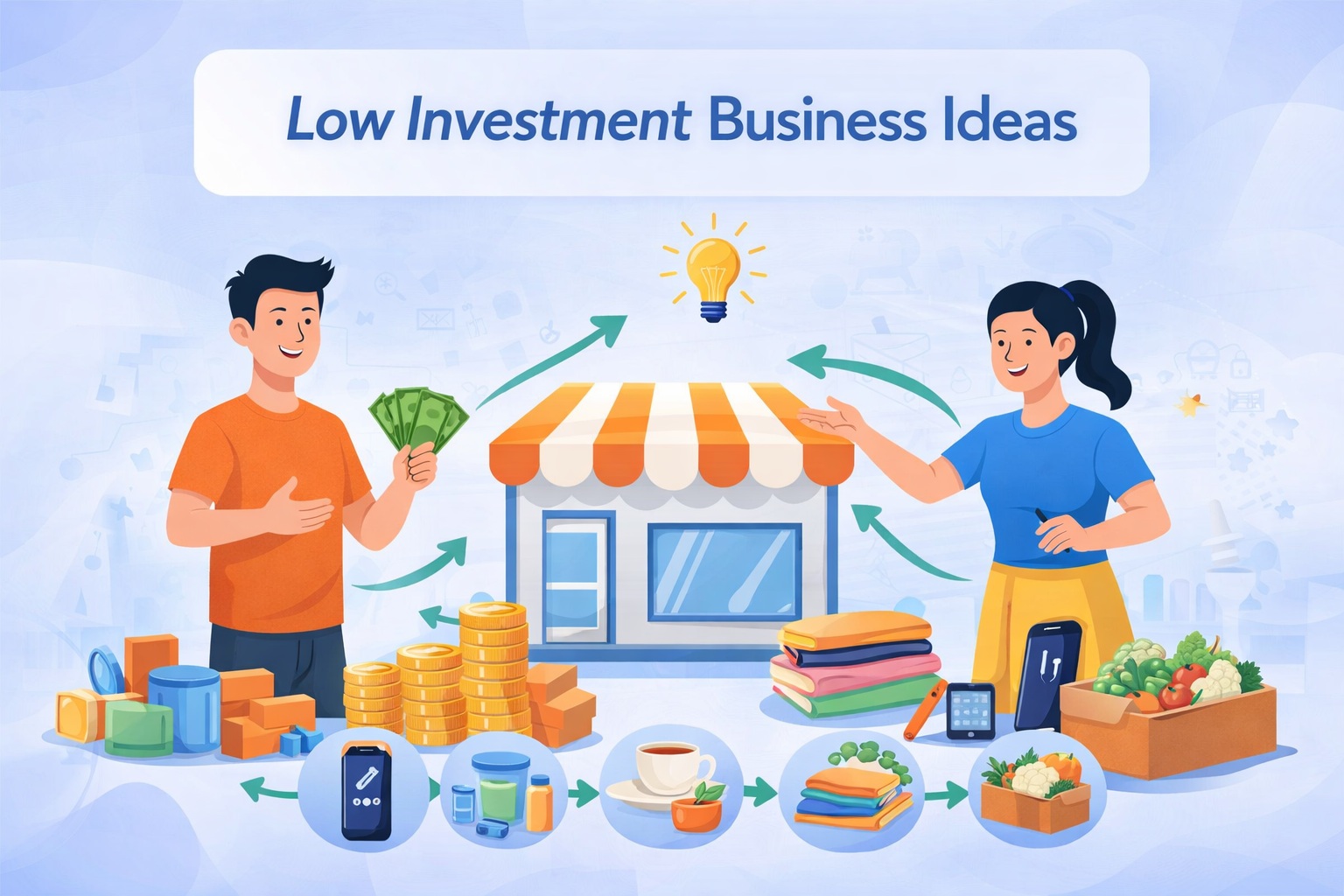 Low Investment Business Ideas feature image showing small shop, clothing, vegetables, and reselling business concepts