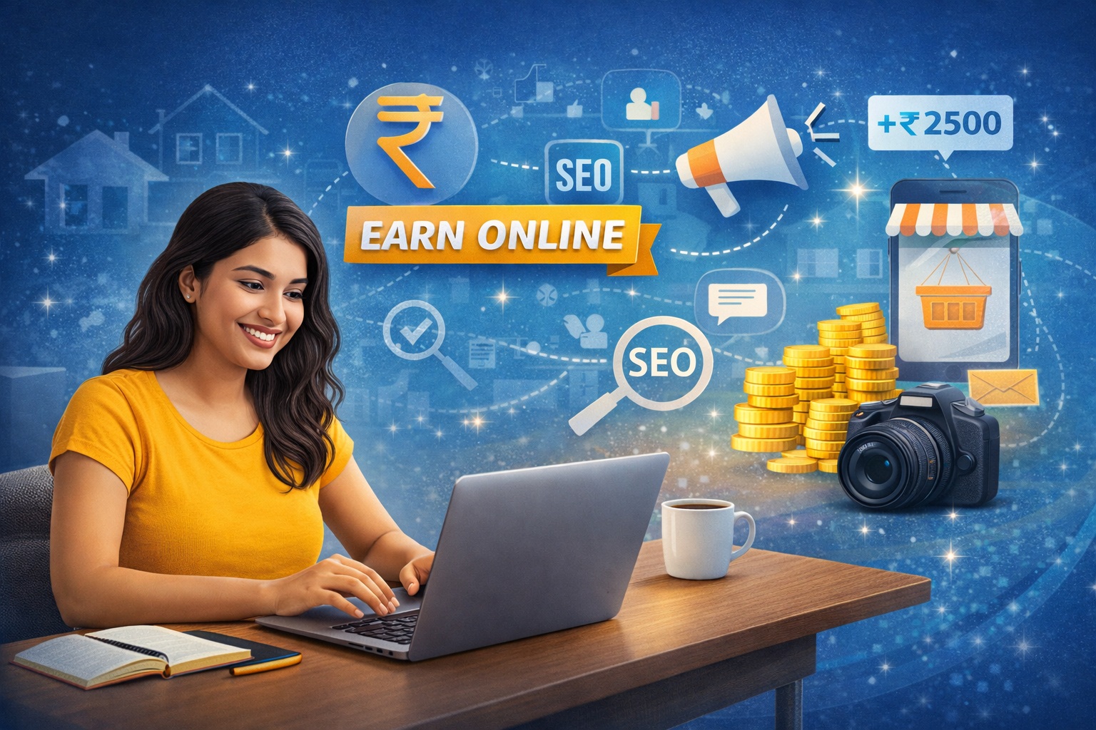 Free online courses ke baad earn online laptop par kaam karte hue student
