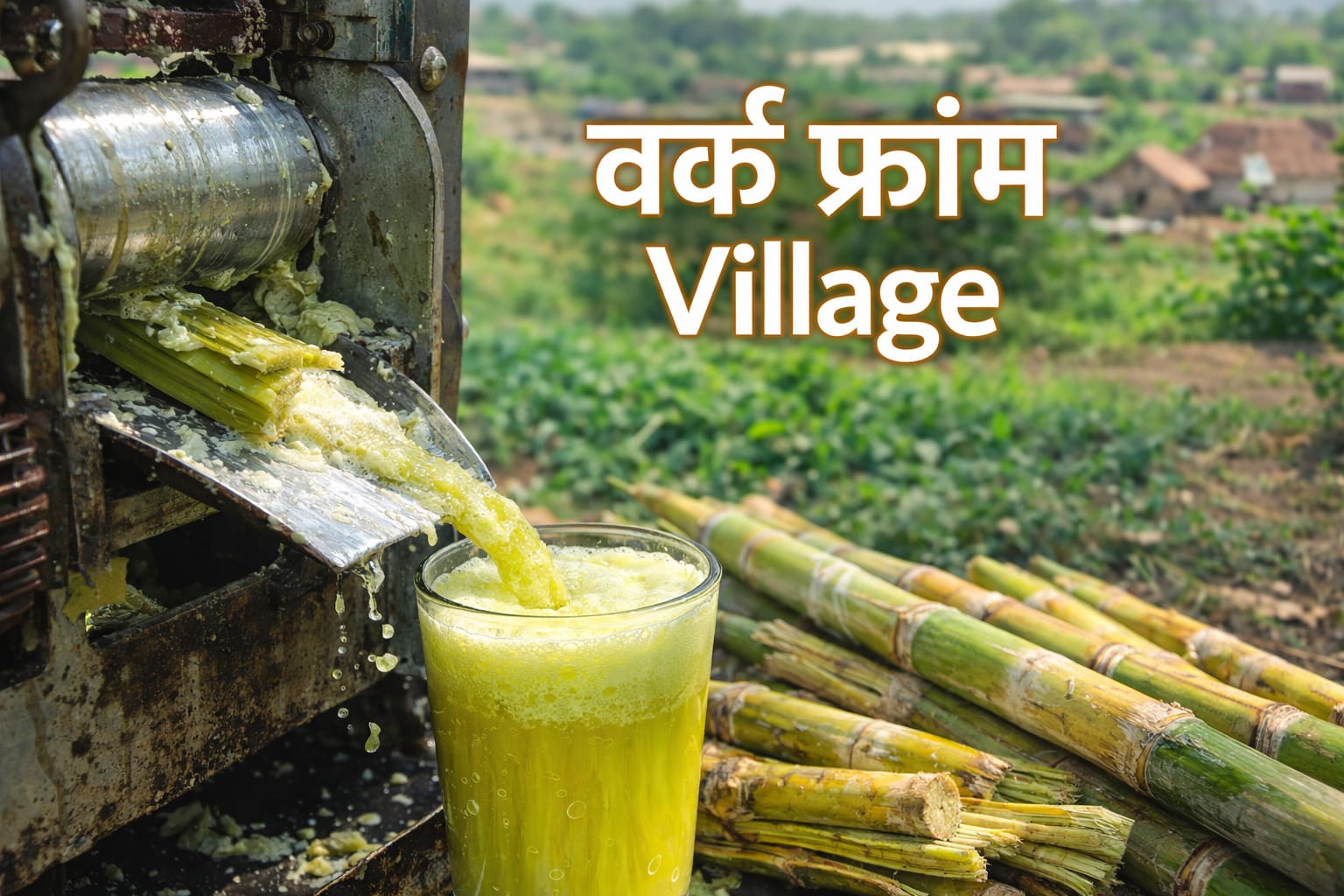 गाँव में गन्ने का जूस निकालते हुए मशीन की तस्वीर, Work From Village बिज़नेस आइडिया दर्शाती फीचर इमेज
