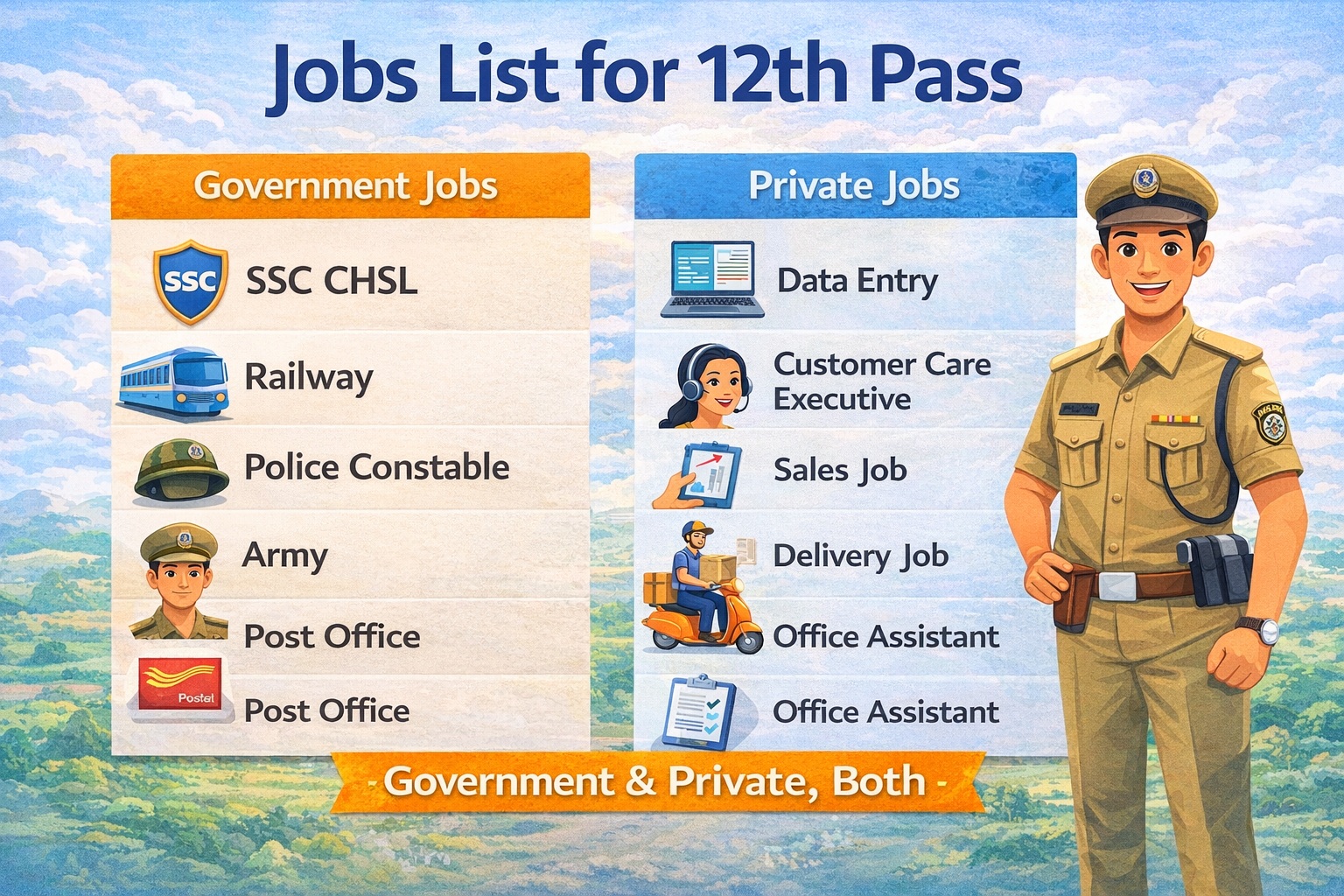 Jobs list for 12th pass showing government and private job options like SSC, Railway, Police, Data Entry and Delivery jobs