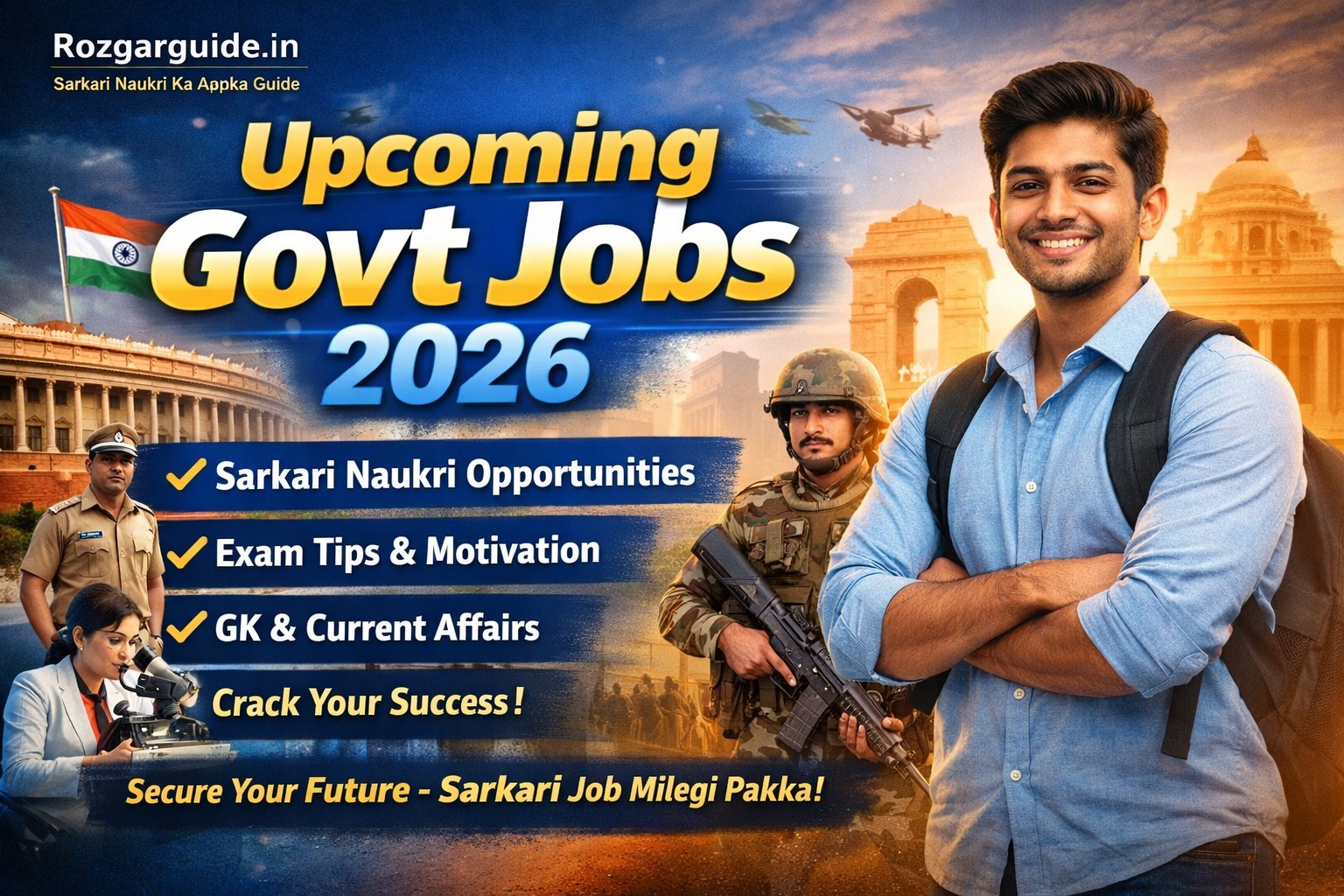 Upcoming Govt Jobs 2026 image with student, Indian Parliament, India Gate, and govt job sectors like police and army.