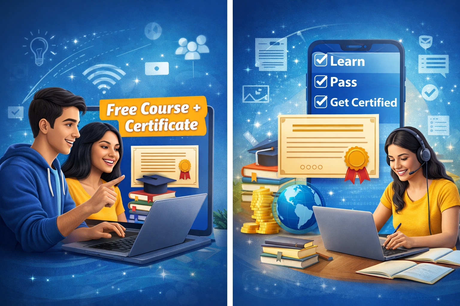 Free online learning with certificate student headset ke saath laptop par study karte hue