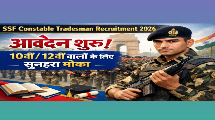 SSF Constable Tradesman Recruitment 2026 banner with soldier holding rifle, Apply Now text, golden opportunity for 10th 12th pass, sunset military background