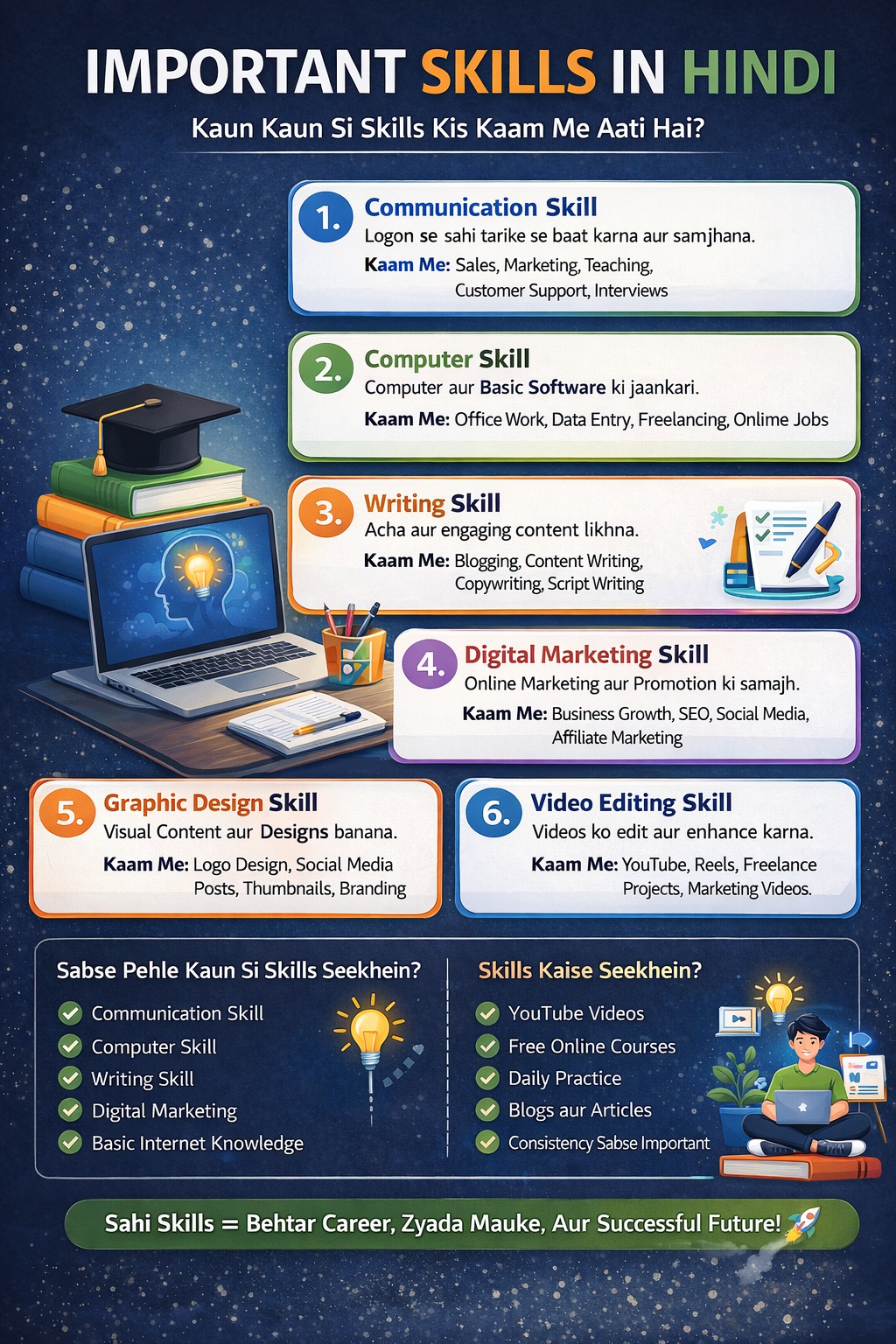 Important skills infographic jisme communication, computer, writing, digital marketing, graphic design aur video editing skills dikhayi gayi hain.