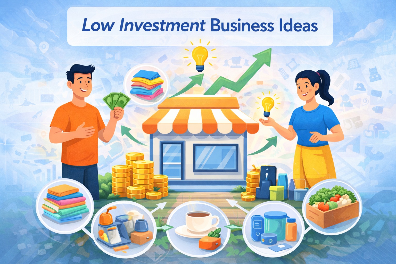 कम निवेश वाले बिज़नेस आइडिया दर्शाती फीचर इमेज जिसमें छोटी दुकान, कपड़े, सब्ज़ी, चाय और रीसैलिंग व्यवसाय दिखाए गए हैं
