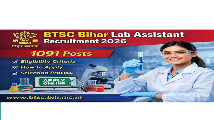 BTSC Bihar Lab Assistant 2026 Recruitment featured image showing 1091 posts, eligibility criteria, how to apply and selection process with lab assistant holding test tube.