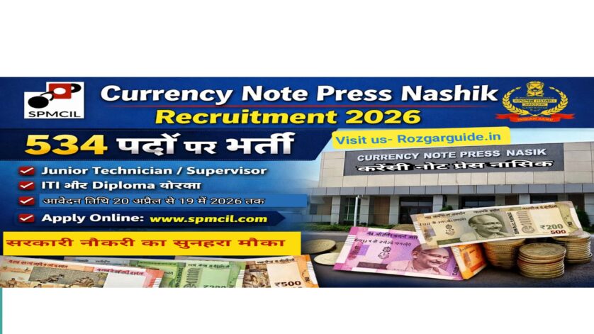urrency Note Press Nashik Recruitment 2026 ka Hinglish banner jisme 534 posts vacancy, ITI aur Diploma wale candidates, apply dates 20 April se 19 May 2026 aur official website spmcil.com highlight kiya gaya hai, background me building aur Indian currency notes dikh rahe hain.