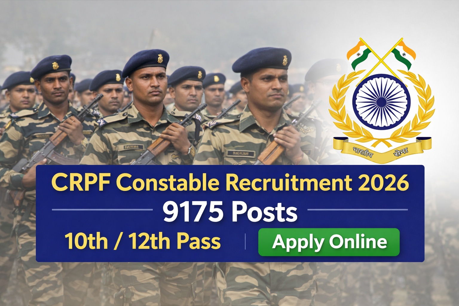 CRPF Constable Recruitment 2026 feature image showing 9175 posts for 10th and 12th pass candidates apply online