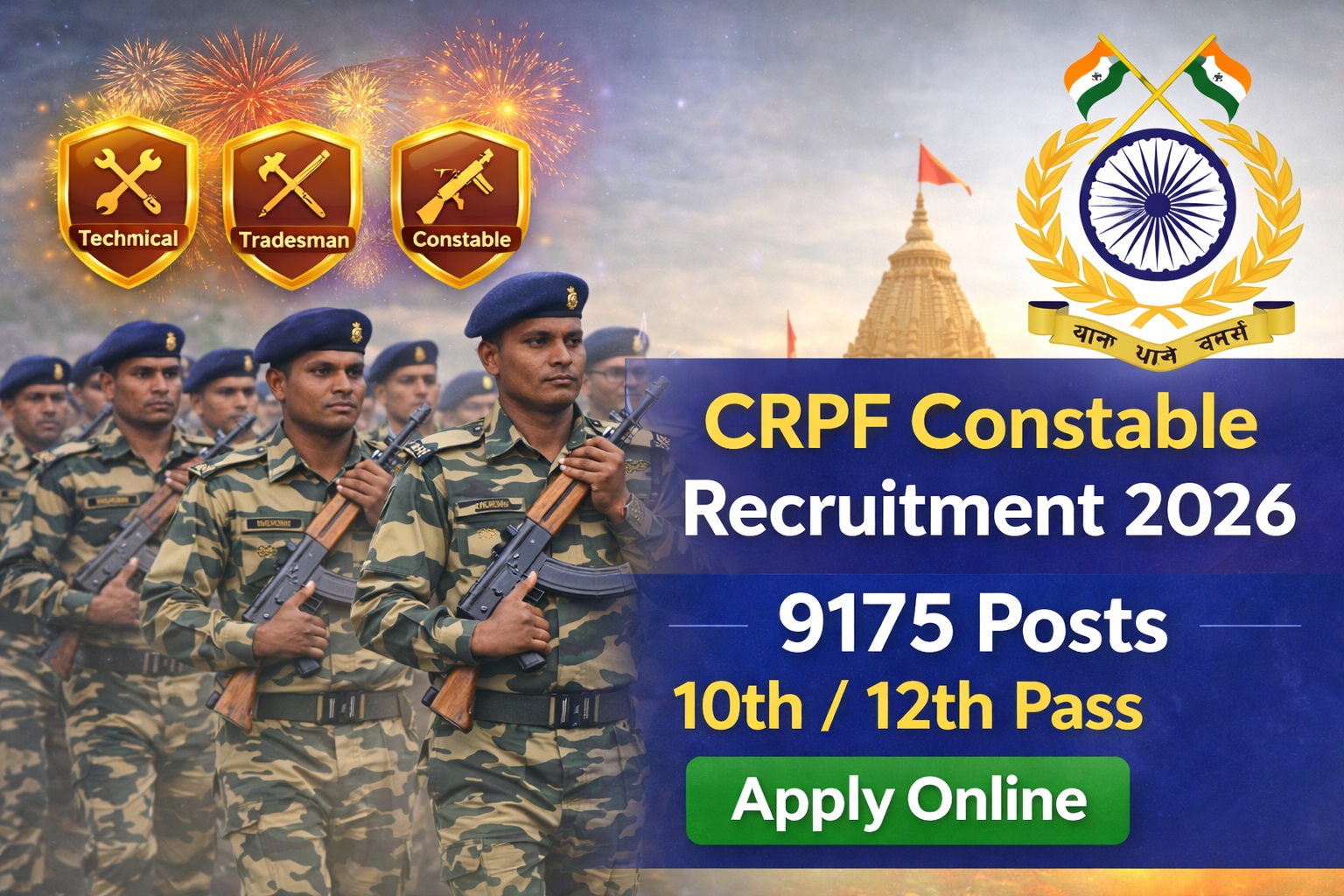 CRPF Constable Recruitment 2026 attractive feature image showing 9175 posts for 10th and 12th pass candidates apply online