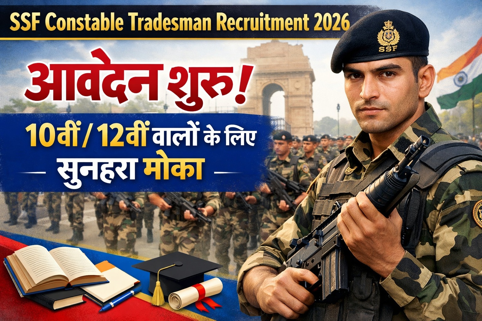 यह SSF Constable Tradesman Recruitment 2026 की फीचर इमेज है जिसमें एक जवान राइफल के साथ खड़ा दिखाई दे रहा है।
