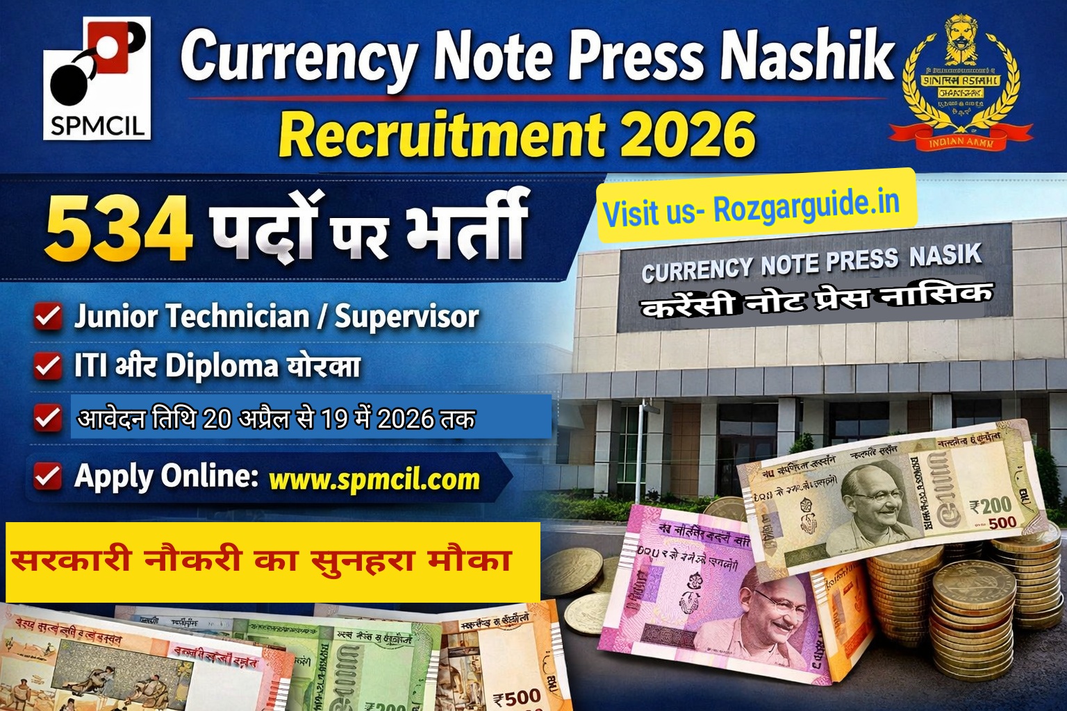 Currency Note Press Nashik Recruitment 2026 banner with 534 posts vacancy and apply dates 20 April to 19 May 2026.