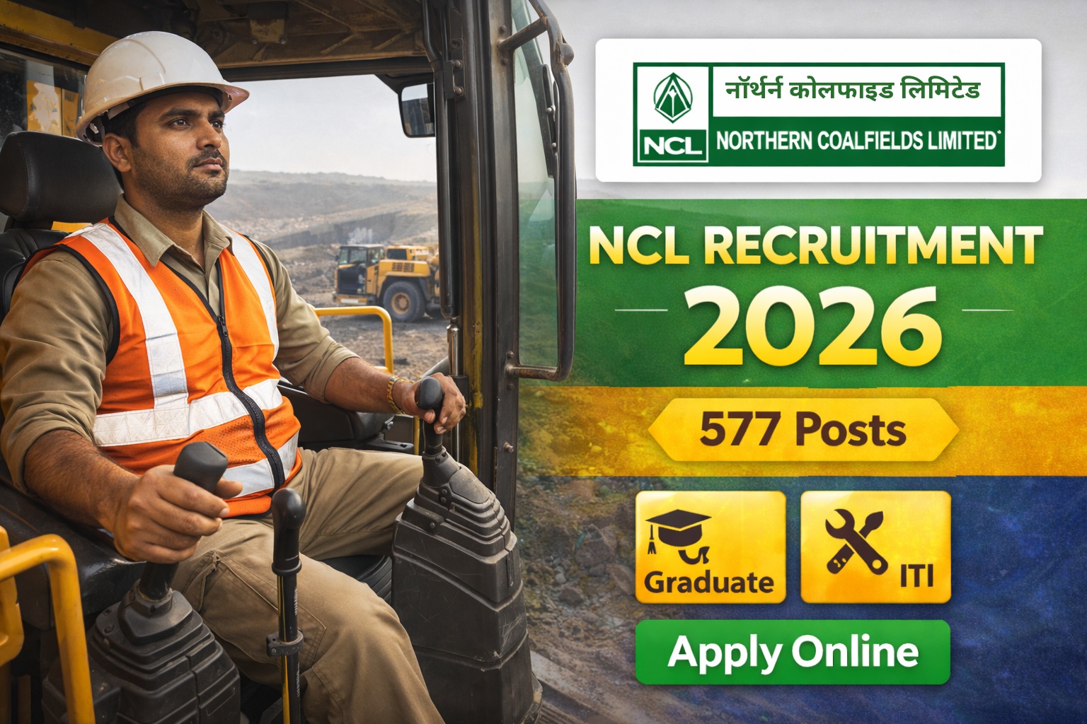 Northern Coalfields Limited NCL Recruitment 2026 feature image showing 577 posts with mining operator and apply online information