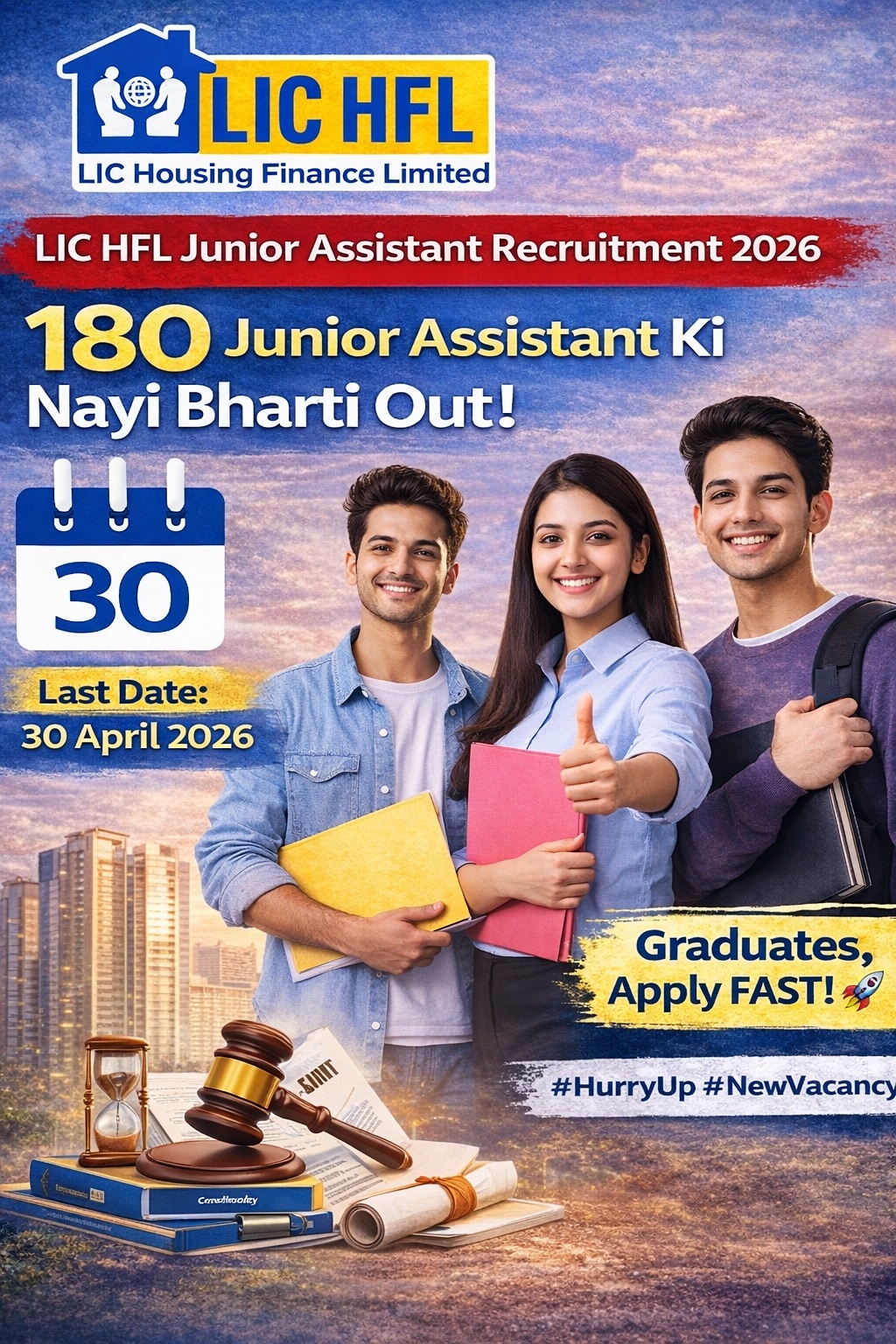 LIC HFL Junior Assistant Recruitment 2026 180 posts apply fast graduate job image with boys and girls