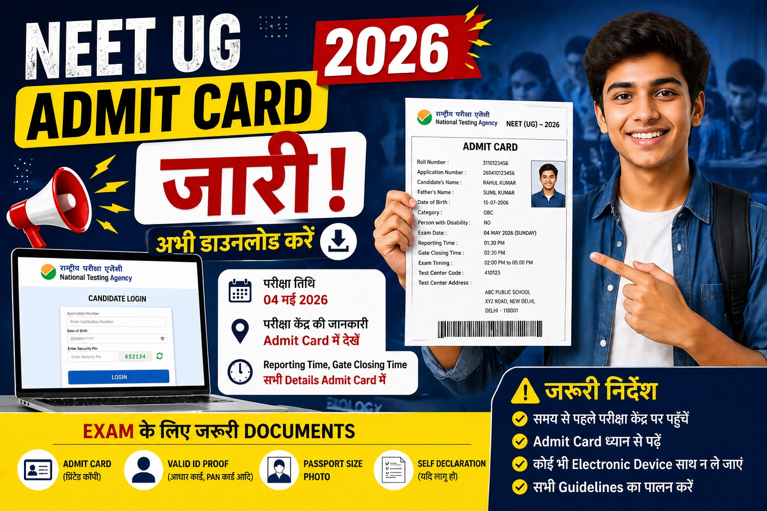 NEET UG Admit Card 2026 thumbnail featuring a male student holding admit card, NTA login screen, bold text “Admit Card 2026 जारी”, exam date, and required documents information.