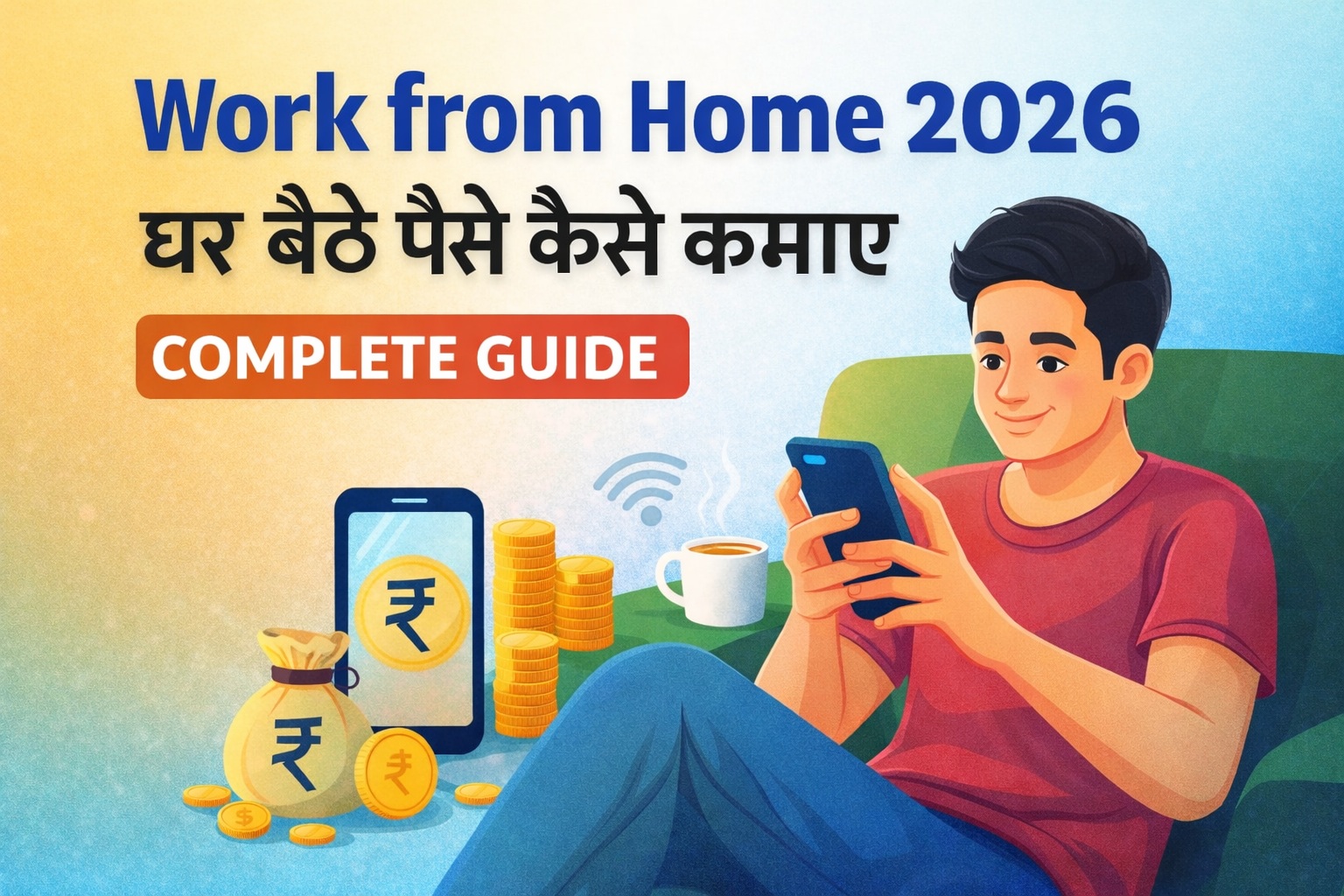 Work from Home 2026 mobile se paise kamaye banner with smartphone online earning concept