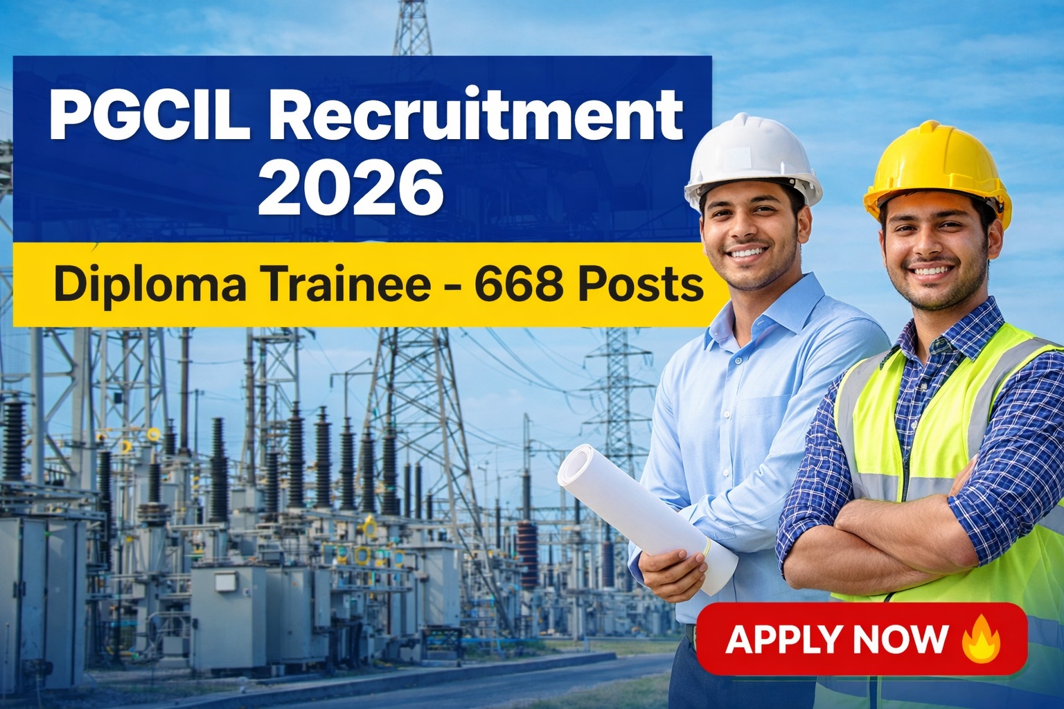 PGCIL Recruitment 2026 Diploma Trainee 668 posts banner with two engineers at power grid substation apply now job alert image