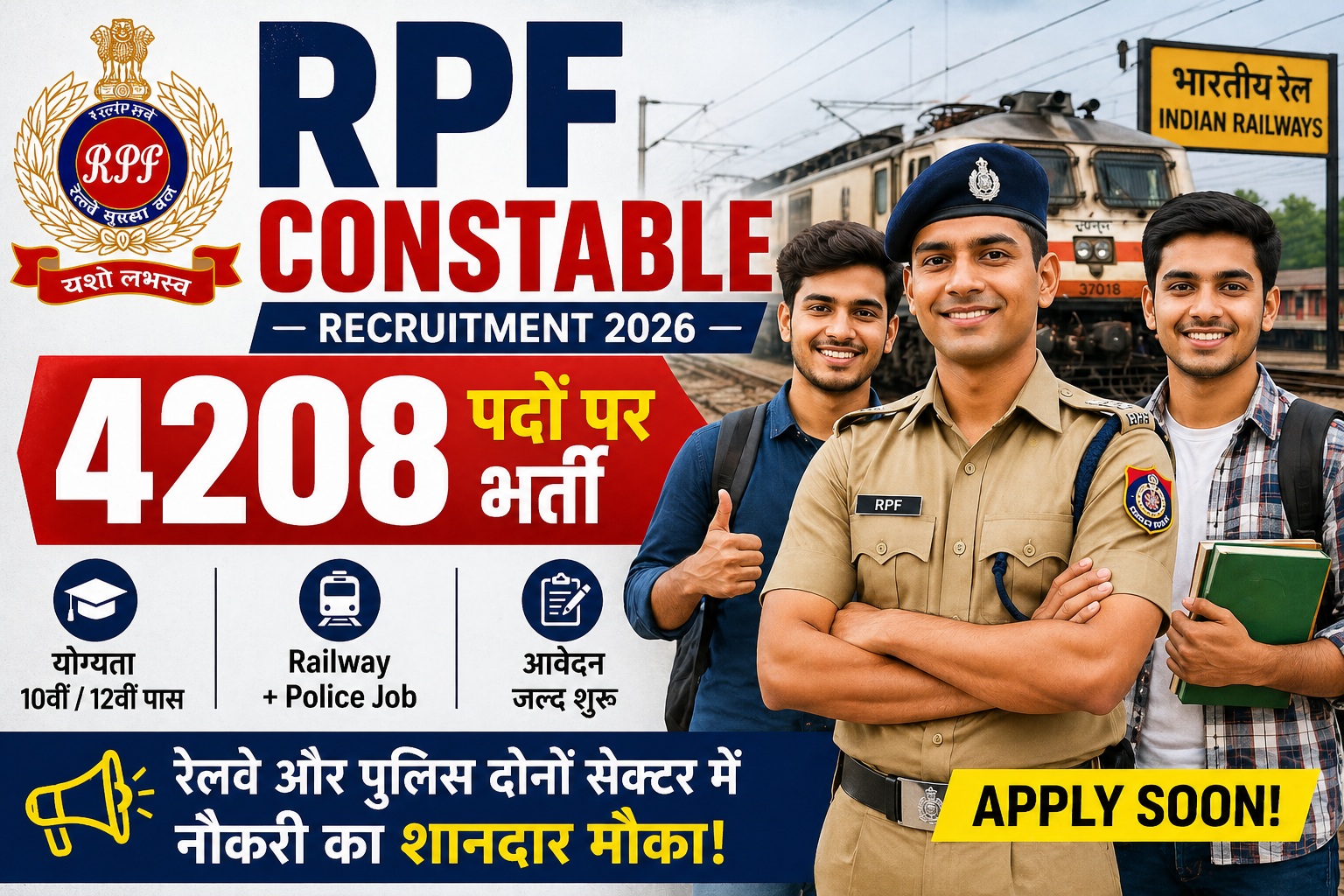 RPF Constable Recruitment 2026 4208 vacancy railway police job two candidates poster India