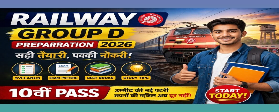 Railway Group D Preparation 2026 banner with Indian train, study plan, books and exam preparation tips for 10th pass candidates