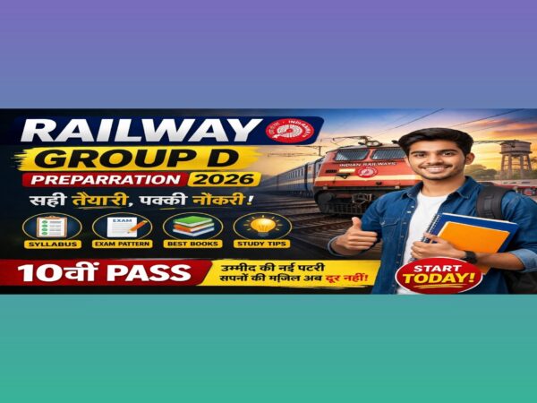Railway Group D Preparation 2026 banner with Indian train, study plan, books and exam preparation tips for 10th pass candidates