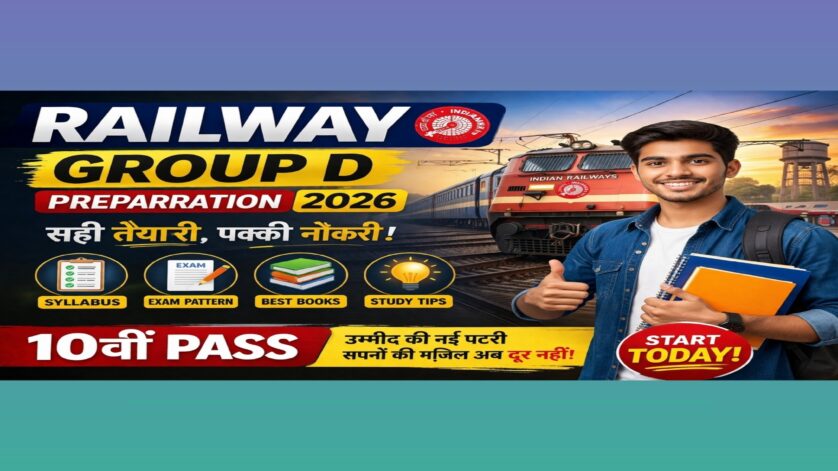 Railway Group D Preparation 2026 banner with Indian train, study plan, books and exam preparation tips for 10th pass candidates
