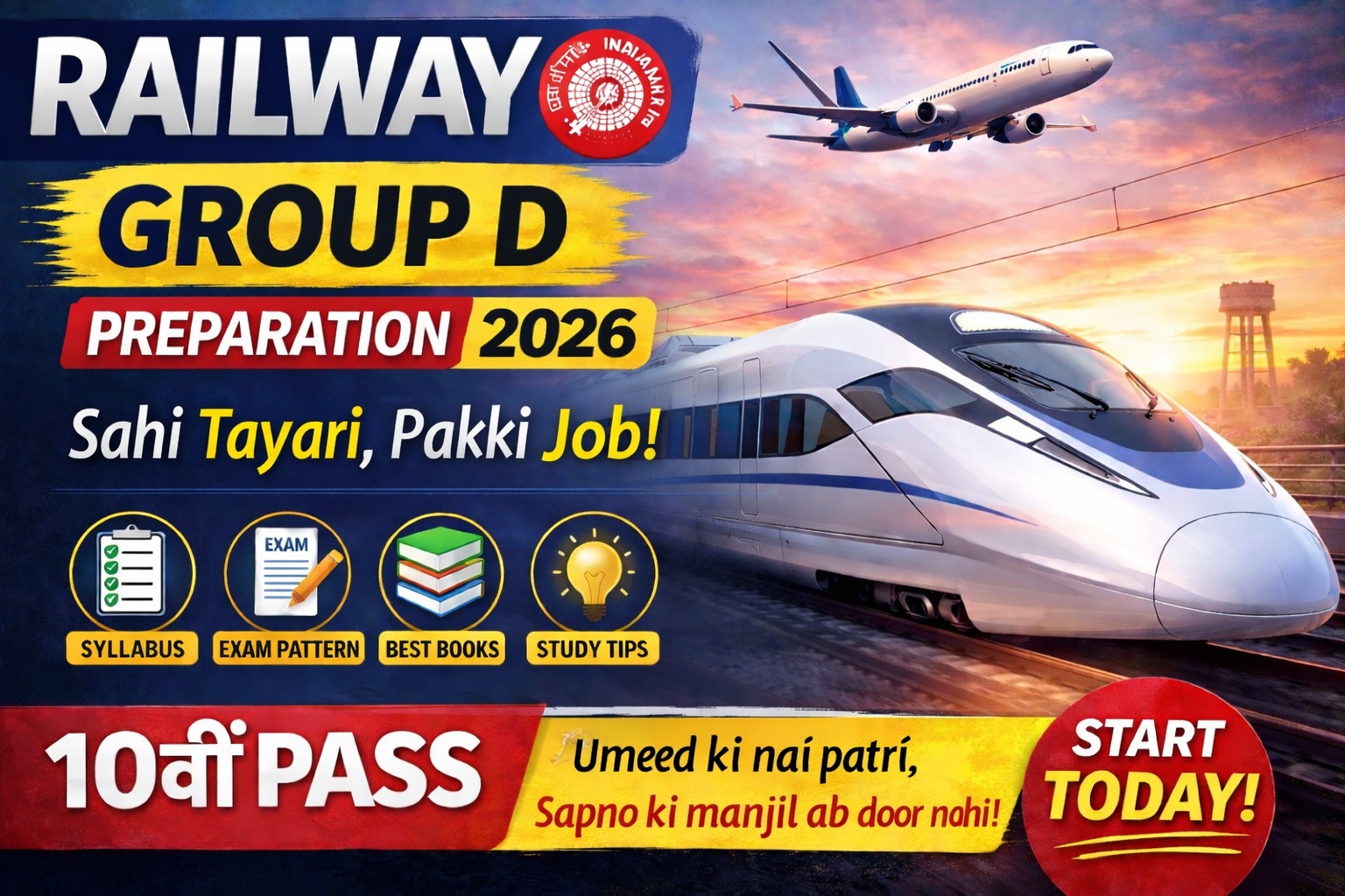 Railway Group D Preparation 2026 hinglish banner with bullet train and airplane, 10vi pass candidates study tips syllabus exam pattern