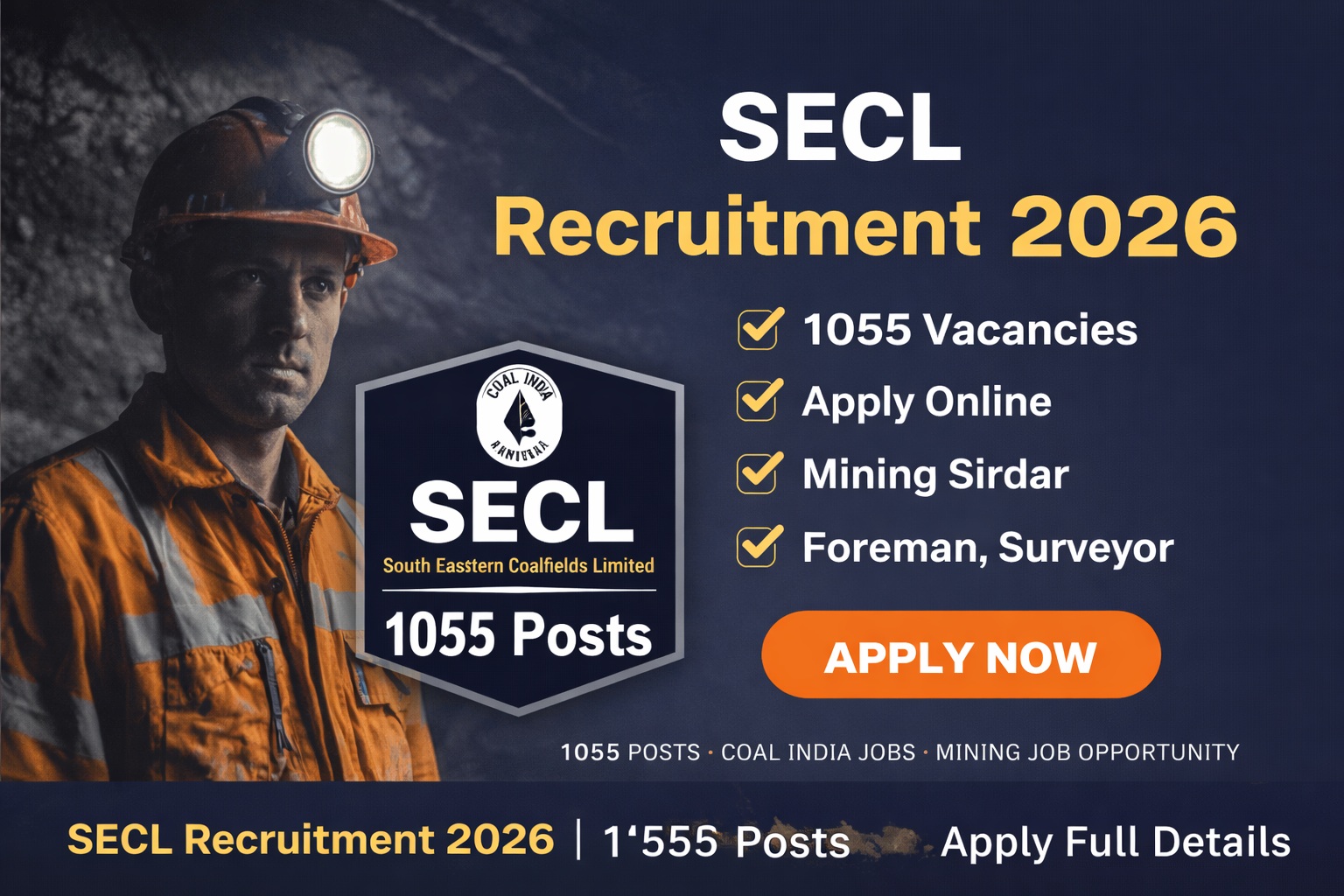 SECL Recruitment 2026 1055 posts Coal India mining job apply online image