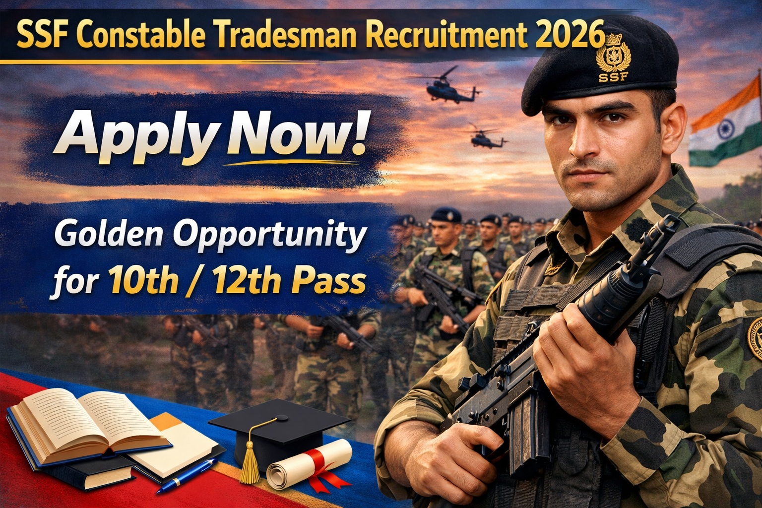 SSF Constable Tradesman Recruitment 2026 banner with soldier holding rifle, Apply Now text, golden opportunity for 10th 12th pass, sunset military background"