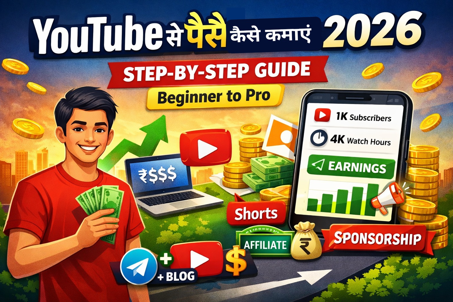 YouTube se paise kaise kamaye 2026 step by step guide image with earnings, subscribers, shorts, affiliate and sponsorship concept