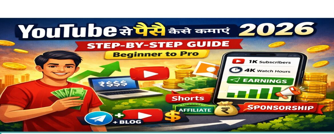 YouTube से पैसे कैसे कमाए 2026 स्टेप बाय स्टेप गाइड, earning, subscribers, shorts और sponsorship दर्शाता हुआ image