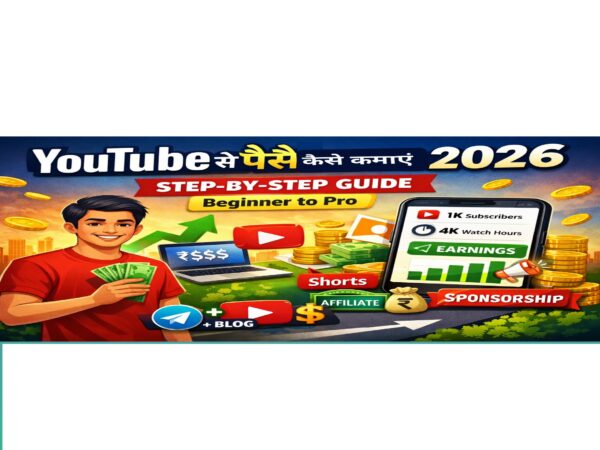 YouTube से पैसे कैसे कमाए 2026 स्टेप बाय स्टेप गाइड, earning, subscribers, shorts और sponsorship दर्शाता हुआ image