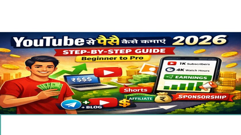 YouTube से पैसे कैसे कमाए 2026 स्टेप बाय स्टेप गाइड, earning, subscribers, shorts और sponsorship दर्शाता हुआ image