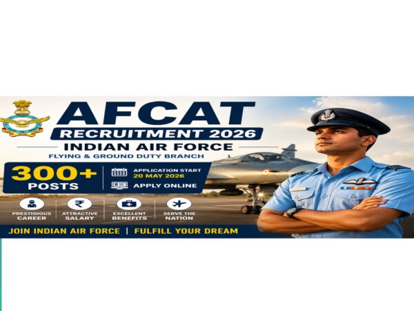 AFCAT Recruitment 2026 feature image showing Indian Air Force 300+ Flying and Ground Duty vacancies with application start date 20 May 2026.