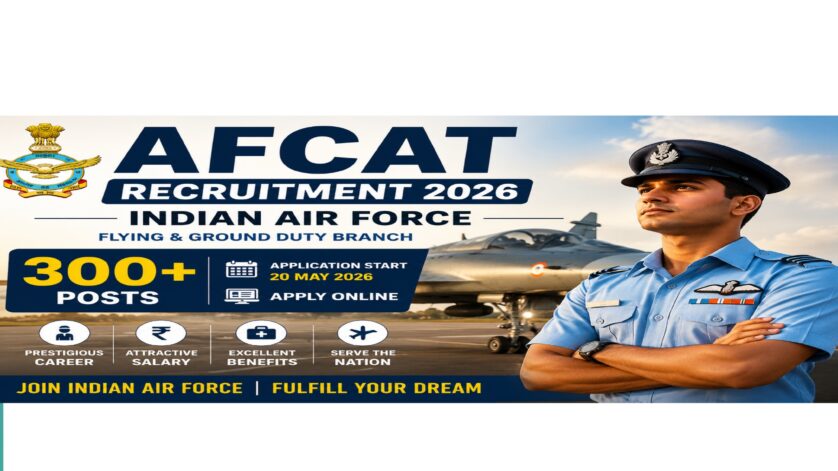 AFCAT Recruitment 2026 feature image showing Indian Air Force 300+ Flying and Ground Duty vacancies with application start date 20 May 2026.