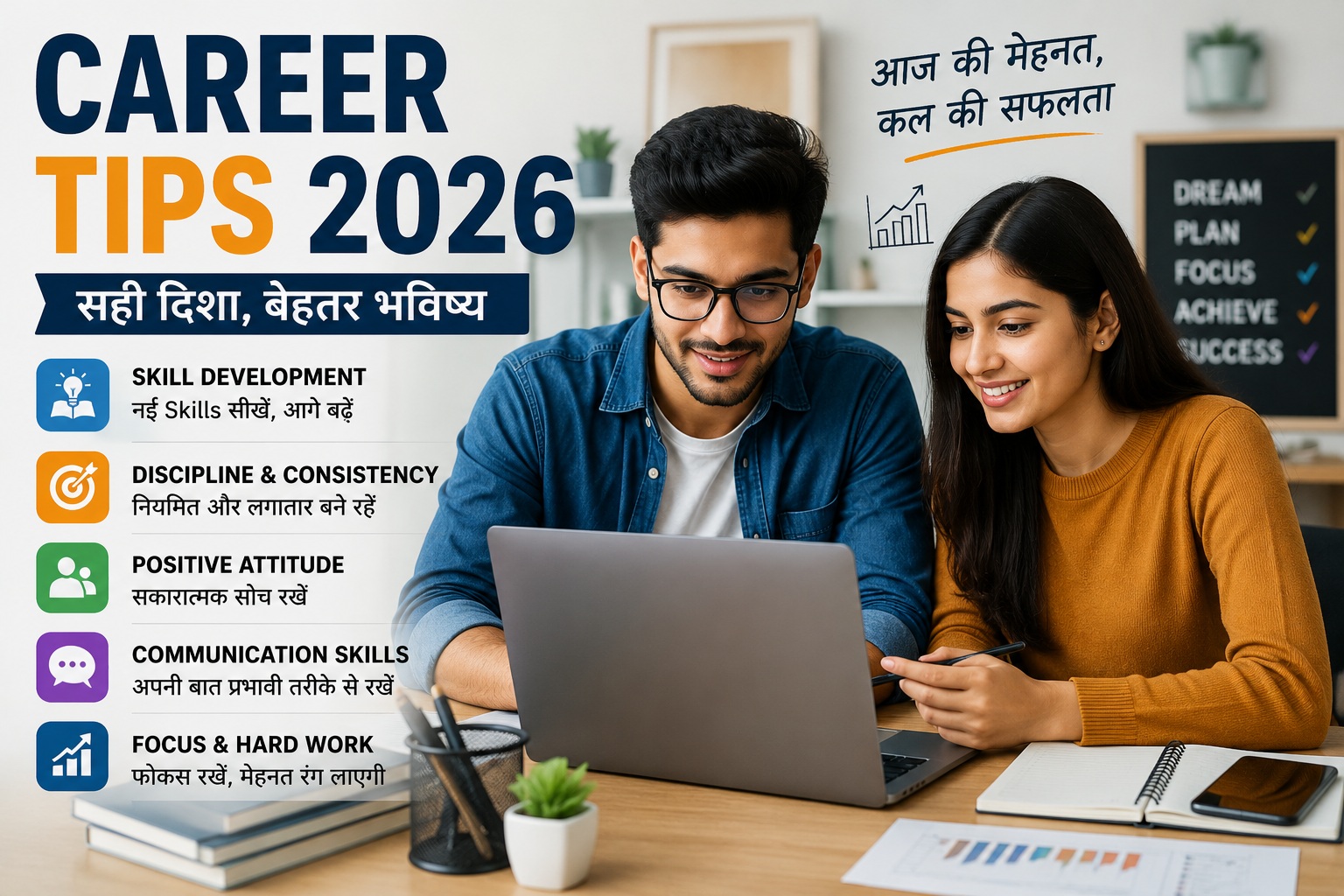 Career Tips 2026 feature image showing a young man and woman working together on a laptop with career growth, skill development, communication skills and job success tips in Hindi.