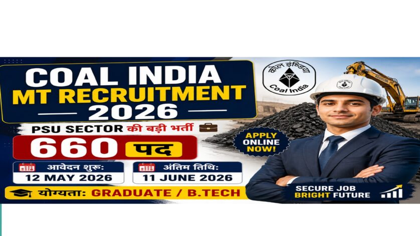 Coal India MT Recruitment 2026 feature image showing 660 PSU job vacancies for Graduate and B.Tech candidates with application dates 12 May to 11 June 2026.