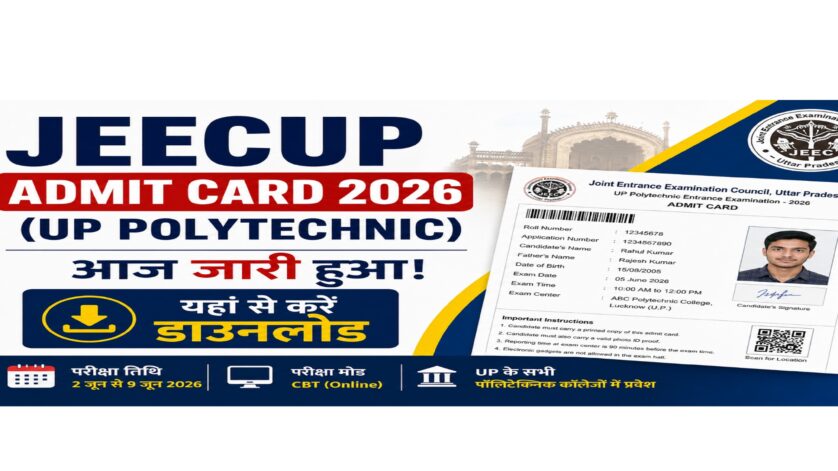 JEECUP Admit Card 2026 release announcement banner showing UP Polytechnic hall ticket, download button, exam dates, CBT mode, and admission information for Uttar Pradesh Polytechnic colleges.