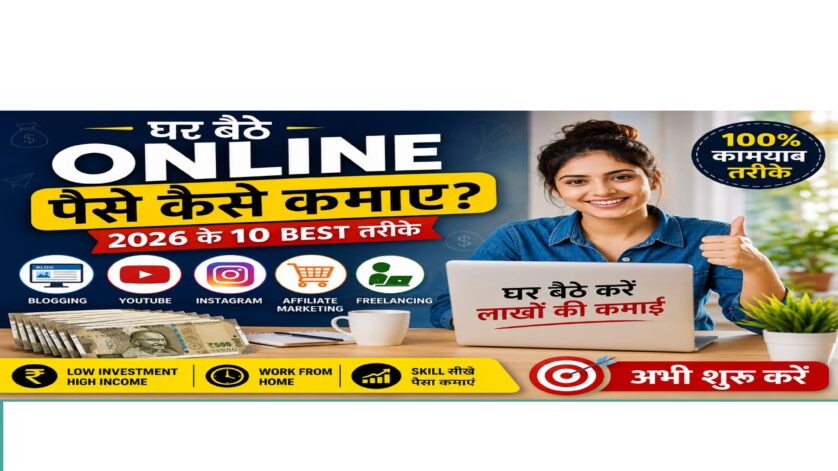 घर बैठे ऑनलाइन पैसे कमाने के तरीकों पर फीचर इमेज, जिसमें Blogging, YouTube, Instagram, Affiliate Marketing और Freelancing से कमाई के विकल्प दिखाए गए हैं।