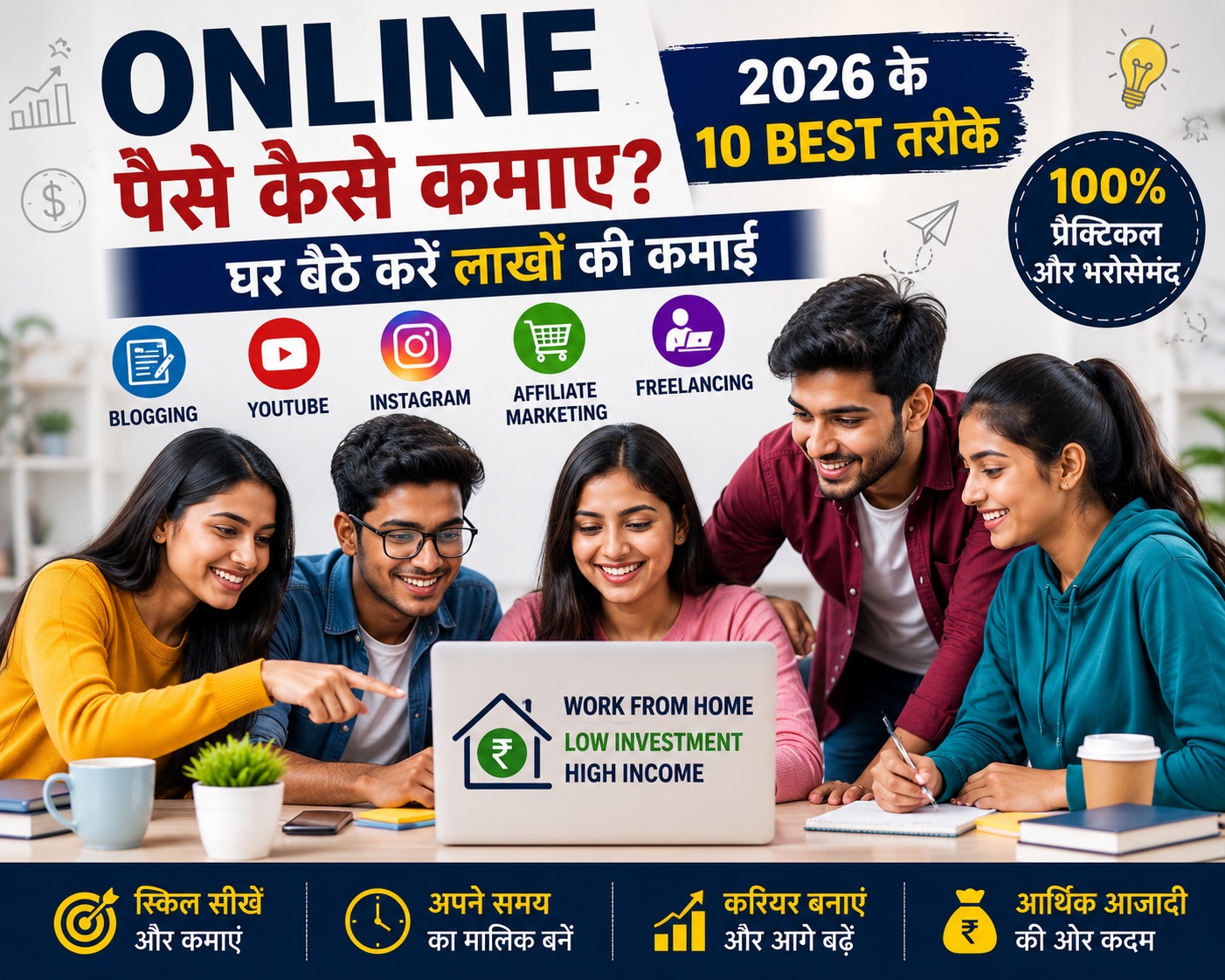 ऑनलाइन पैसे कमाने के तरीकों पर आधारित फीचर इमेज, जिसमें 3 लड़कियां और 2 लड़के लैपटॉप के साथ Blogging, YouTube, Instagram, Freelancing और Affiliate Marketing से earning के बारे में सीखते दिख रहे हैं।