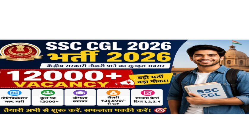 SSC CGL 2026 Bharti feature image showing 12000+ vacancy notification with a student holding SSC CGL books, salary details, eligibility and government job information in Hindi.