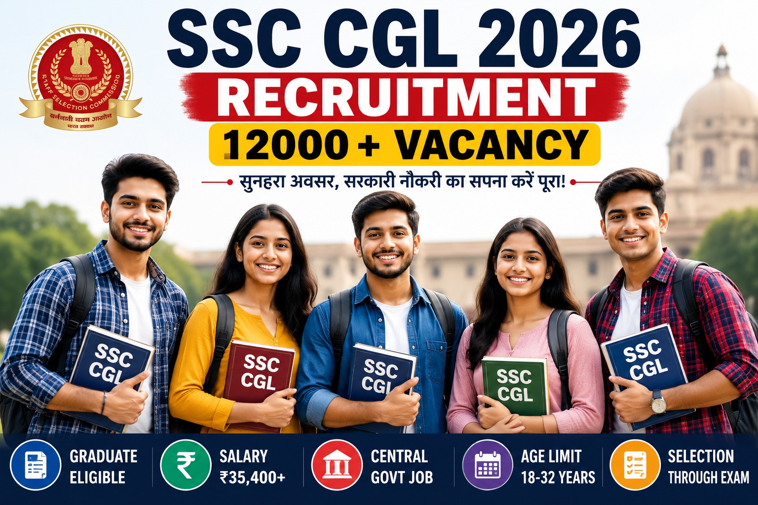 SSC CGL Recruitment 2026 banner showing three male and two female students holding study books with 12000+ vacancy details, graduate eligibility, salary, age limit and central government job information.