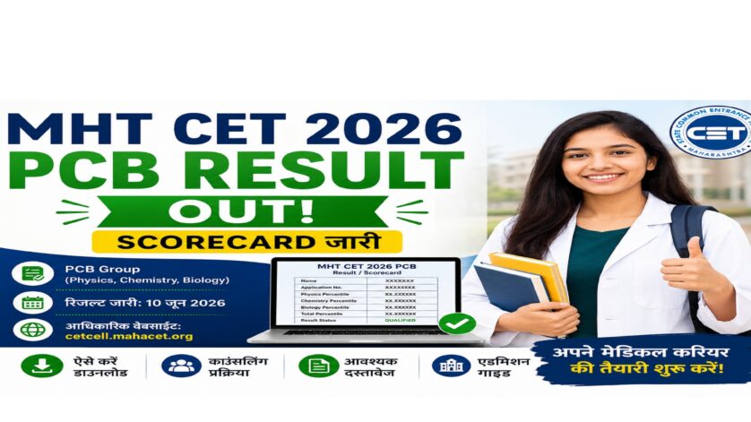 MHT CET 2026 PCB Result Out feature image showing a medical student holding books, scorecard on laptop screen, result announcement banner, counseling information, and official CET Cell Maharashtra website details.